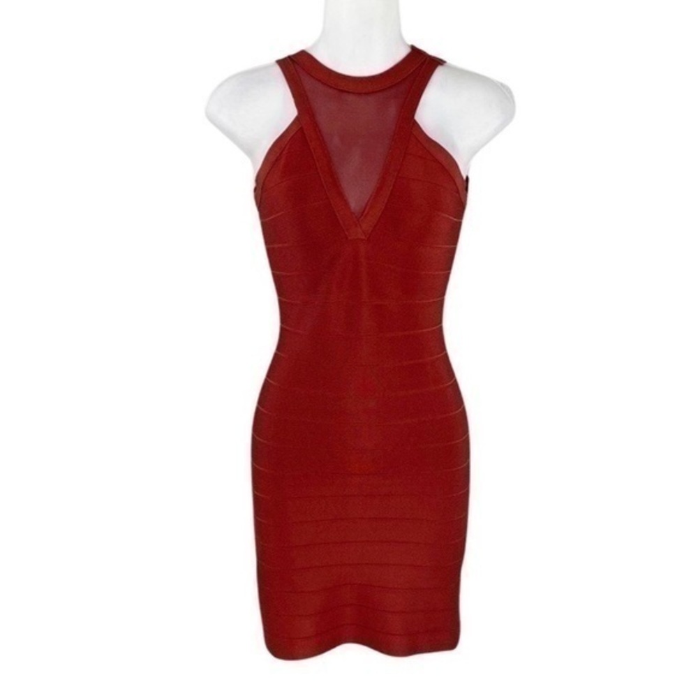 Bebe rust red mesh high neck bandage bodycon mini dress V6